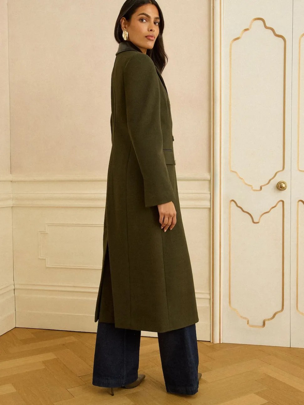 Vert kaki - Love & Roses Manteau long à double boutonnage avec col en similicuir en PU