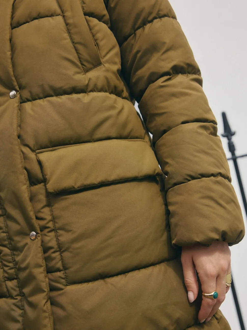 Vert kaki - Manteau long matelassé à capuche résistant à la douche