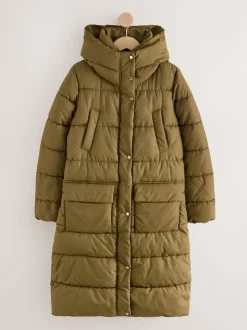 Vert kaki - Manteau long matelassé à capuche résistant à la douche