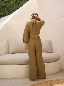 Vert kaki - 100{Pantalon à jambes larges Lin Premium