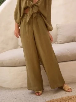 Vert kaki - 100{Pantalon à jambes larges Lin Premium