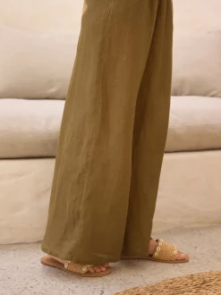 Vert kaki - 100{Pantalon à jambes larges Lin Premium