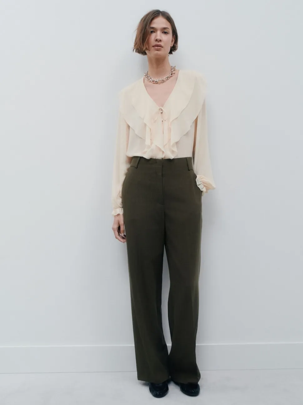Vert kaki - Pantalons à taille élastique à jambe large hachurée