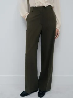 Vert kaki - Pantalons à taille élastique à jambe large hachurée