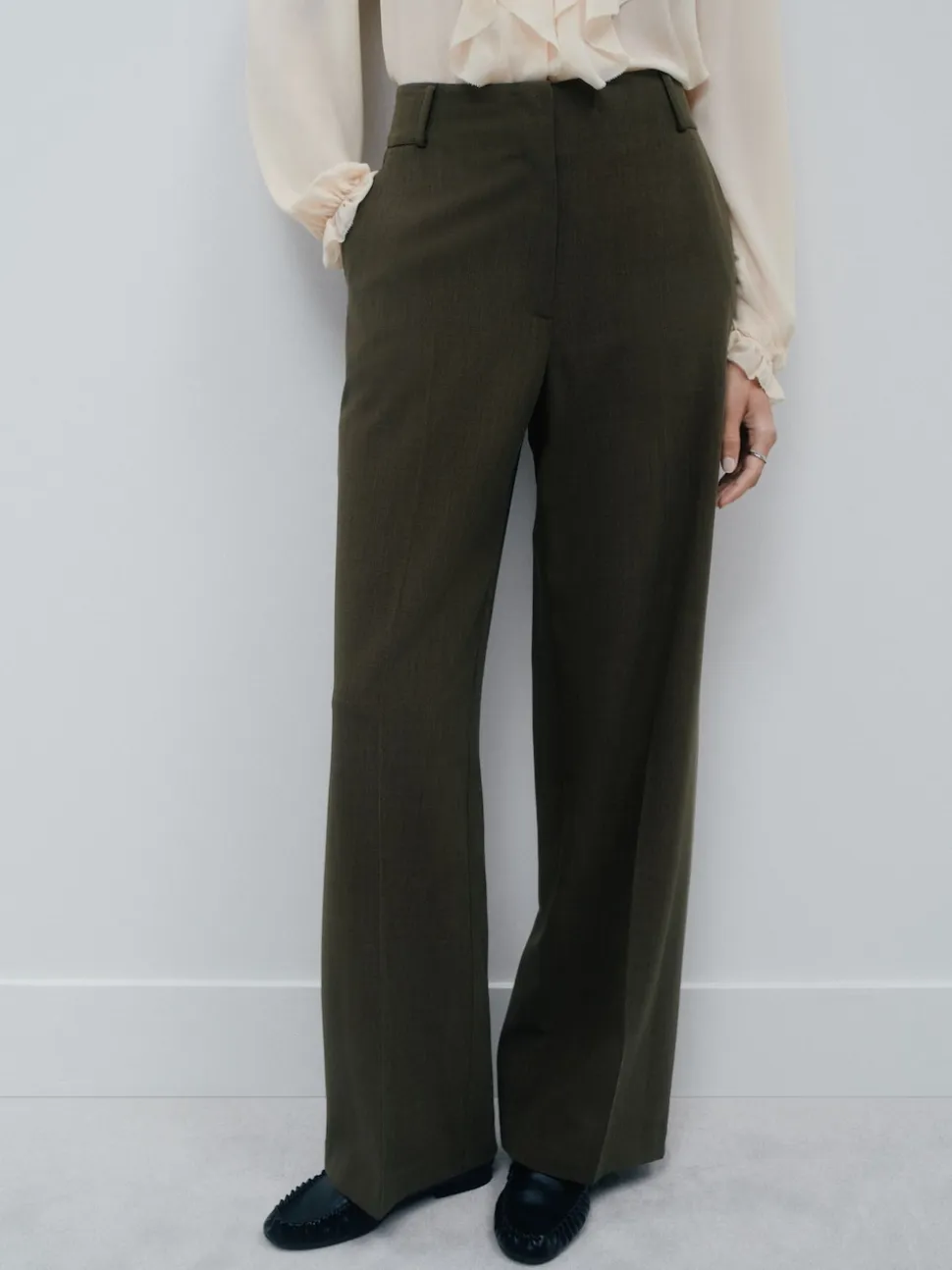 Vert kaki - Pantalons à taille élastique à jambe large hachurée
