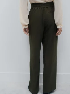 Vert kaki - Pantalons à taille élastique à jambe large hachurée
