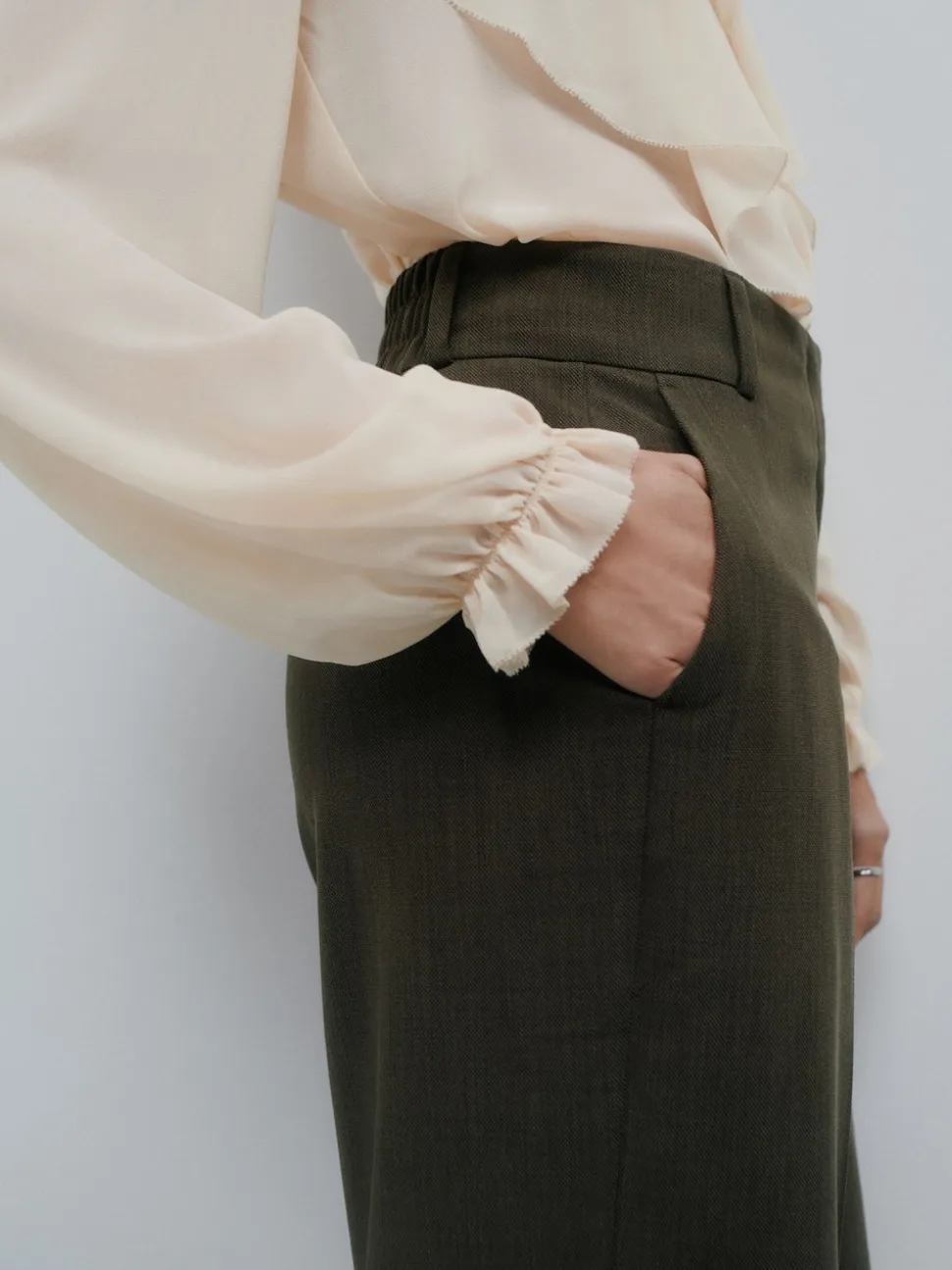 Vert kaki - Pantalons à taille élastique à jambe large hachurée