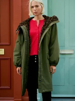 Vert kaki - Parka avec doublure en fausse fourrure imprimée Animal