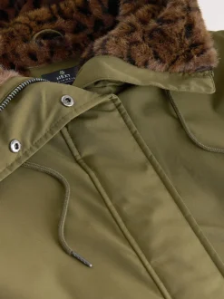 Vert kaki - Parka avec doublure en fausse fourrure imprimée Animal