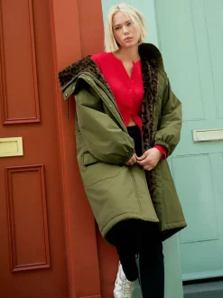 Vert kaki - Parka avec doublure en fausse fourrure imprimée Animal