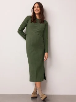 Vert kaki - Robe de grossesse à manches longues et allaitement