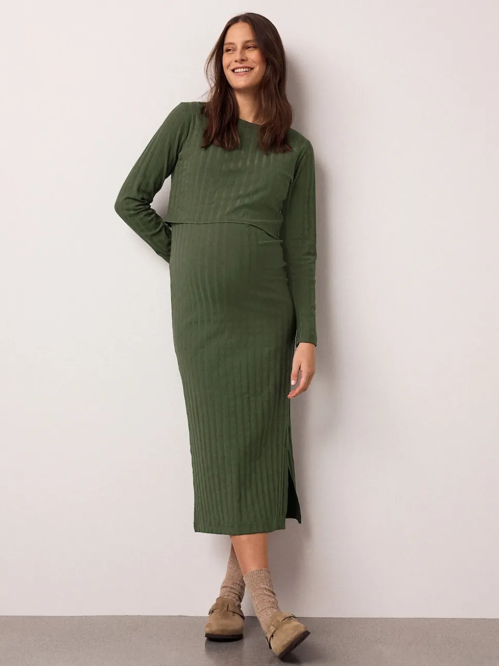 Vert kaki - Robe de grossesse à manches longues et allaitement