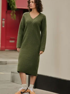 Vert kaki - Robe mi-longue très douce à col en V en laine