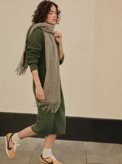 Vert kaki - Robe mi-longue très douce à col en V en laine