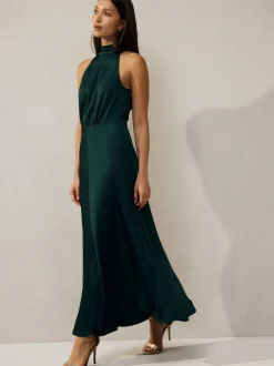 Vert émeraude - Texture Satin Licol Sans manches Mi-long Robe