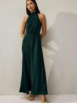 Vert émeraude - Texture Satin Licol Sans manches Mi-long Robe