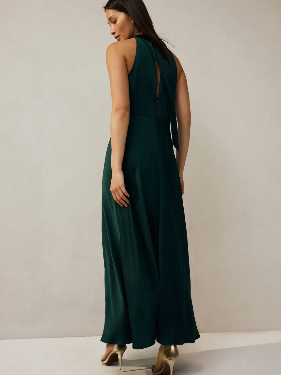 Vert émeraude - Texture Satin Licol Sans manches Mi-long Robe
