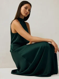 Vert émeraude - Texture Satin Licol Sans manches Mi-long Robe