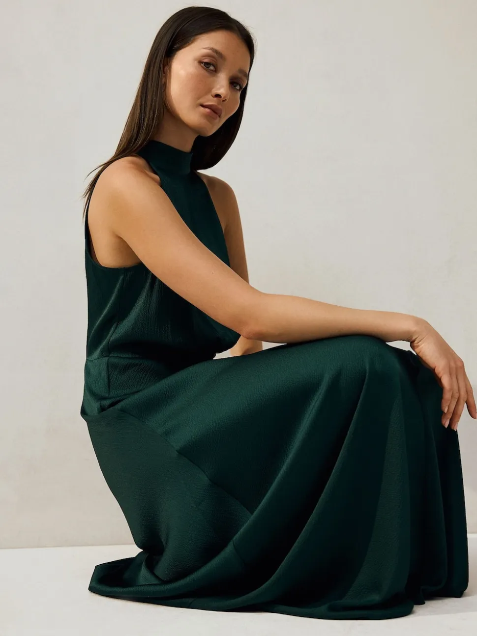 Vert émeraude - Texture Satin Licol Sans manches Mi-long Robe