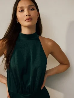 Vert émeraude - Texture Satin Licol Sans manches Mi-long Robe