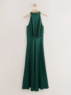Vert émeraude - Texture Satin Licol Sans manches Mi-long Robe