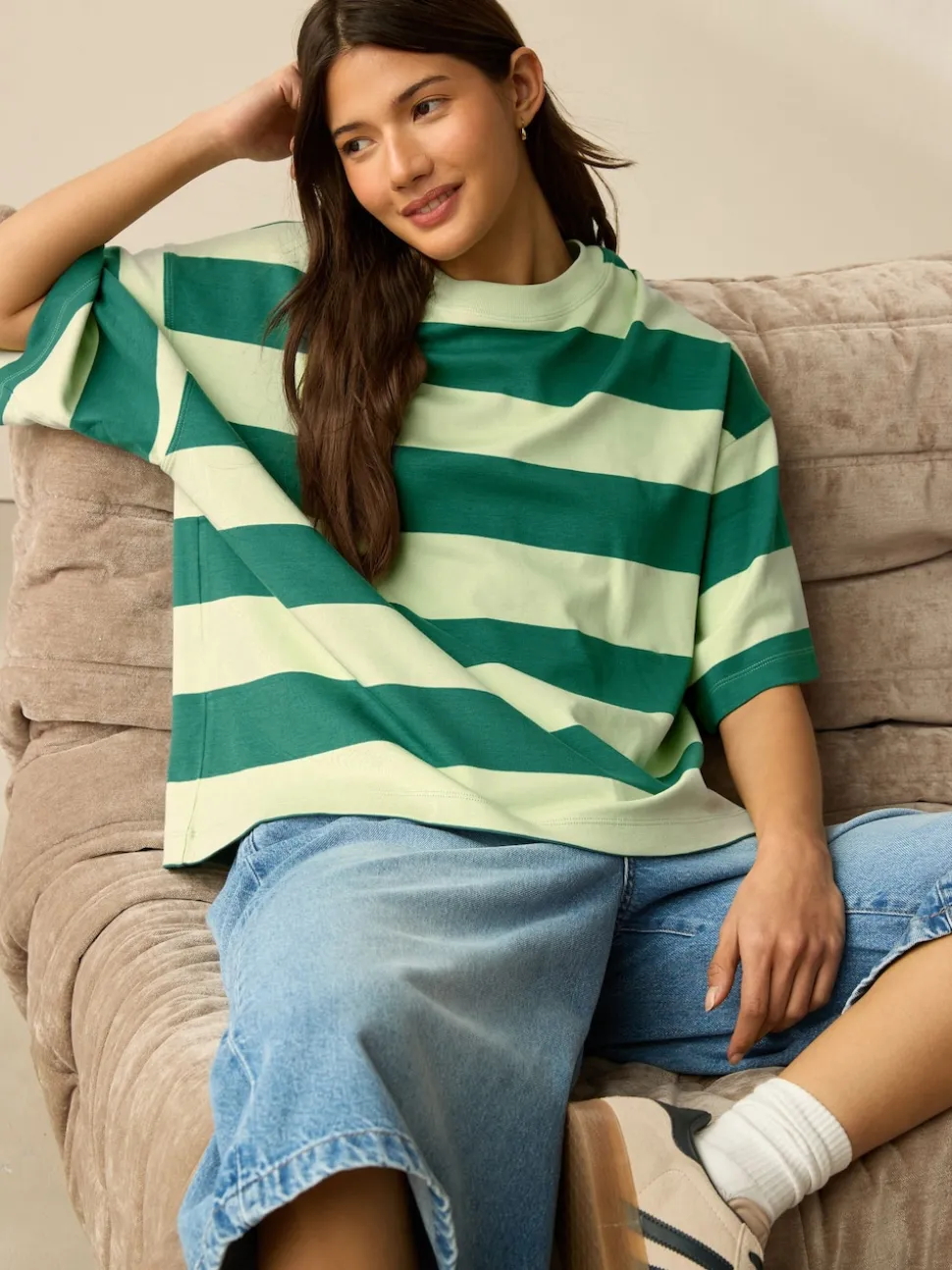 Vert Monochrome - T-shirt oversize décontracté boxy épais à col ras du cou