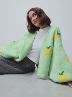 Vert motif citron - Cardigan en tricot