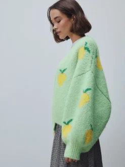 Vert motif citron - Cardigan en tricot
