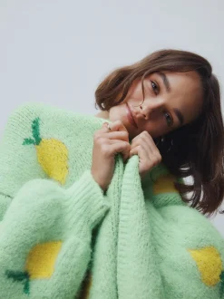 Vert motif citron - Cardigan en tricot