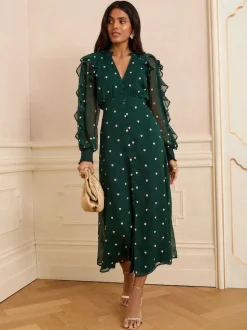Vert motif cœur - Robe mi-longue Love & Roses brodée à volants