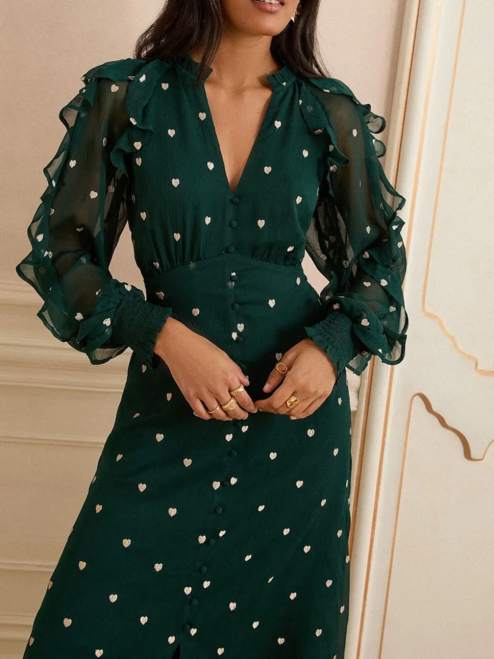 Vert motif cœur - Robe mi-longue Love & Roses brodée à volants