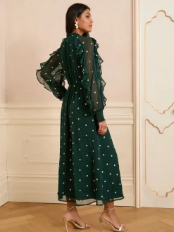 Vert motif cœur - Robe mi-longue Love & Roses brodée à volants