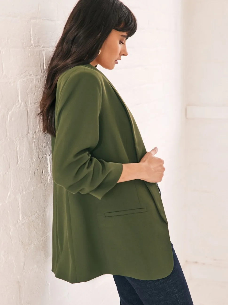 Vert olive - Blazer décontracté à manches froncées