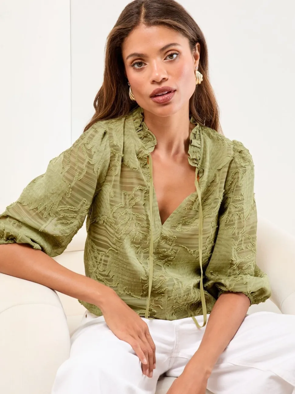 Vert olive - Haut Lipsy Tissu dévoré 3/4 manches