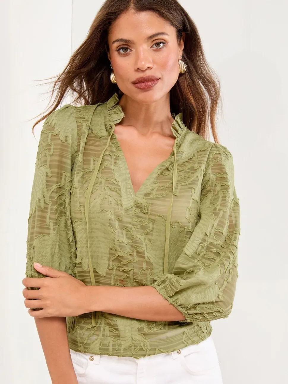 Vert olive - Haut Lipsy Tissu dévoré 3/4 manches