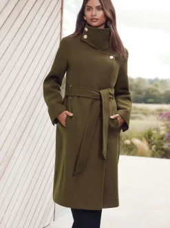 Vert olive - Lipsy Manteau asymétrique à col cheminée ceinturé