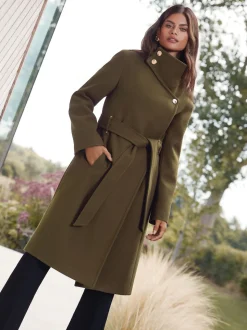 Vert olive - Lipsy Manteau asymétrique à col cheminée ceinturé