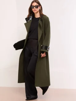 Vert olive - Manteau long à col cheminée ceinturé effet croco Lipsy