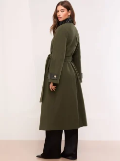 Vert olive - Manteau long à col cheminée ceinturé effet croco Lipsy