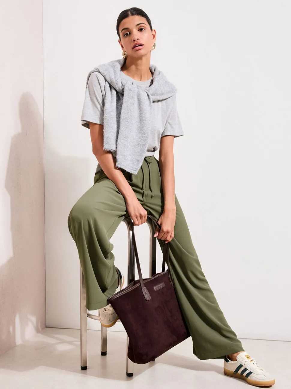 Vert olive - Pantalons Palazzo Friends Like These Ceinturée