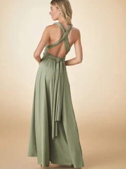 Vert olive - Robe longue de demoiselle d’honneur multicolore en jersey pour invitée de mariage