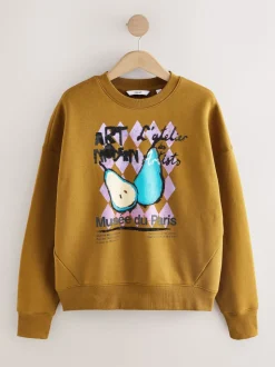 Vert olive - Sweat-shirt à col rond à manches longues en coton riche en fruits