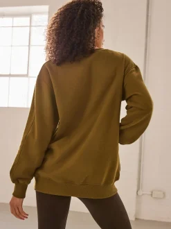 Vert olive - Sweat-shirt long Essentiels coupe décontractée avec poches