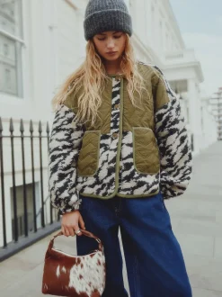 Vert olive/Imprimé animal - Veste en peau de mouton boutonnée duveteuse et confortable
