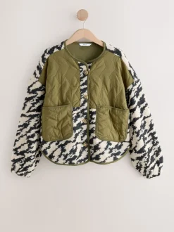 Vert olive/Imprimé animal - Veste en peau de mouton boutonnée duveteuse et confortable