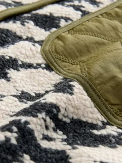 Vert olive/Imprimé animal - Veste en peau de mouton boutonnée duveteuse et confortable
