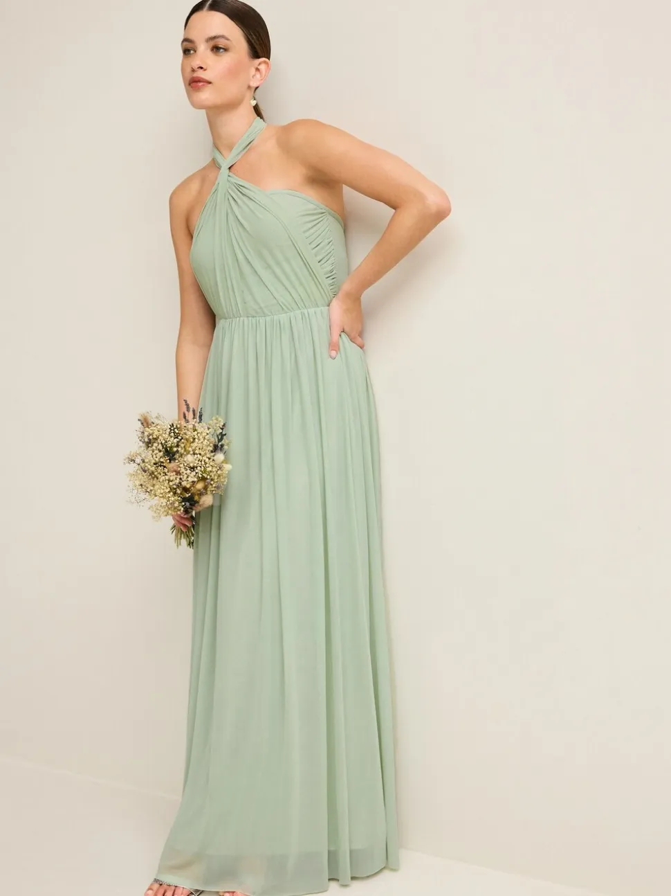 Vert sauge clair - Robe longue de demoiselle d’honneur multicolore en maille pour invitée de mariage