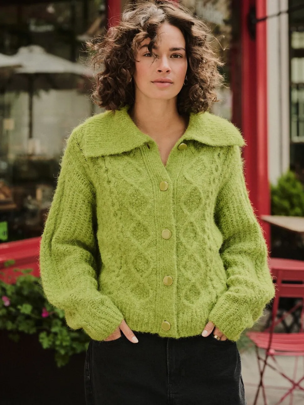 Vert vif - Cardigan en laine Blend à col torsadé