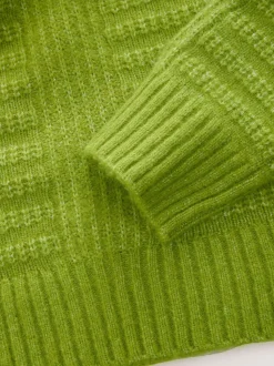 Vert vif - Pull long côtelé à col en V en laine