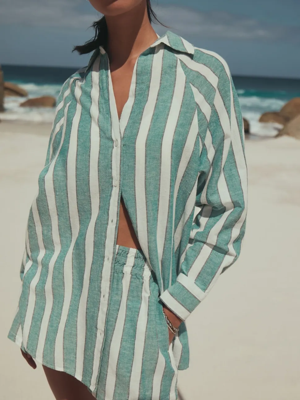 Vert/Blanc - Chemise d’été avec lin
